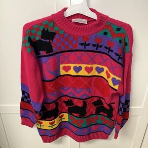 Rose Vtg 80s Womens M-L Sweater Pink‎ Heart Flowers Scottie Scottish Terrier Dog